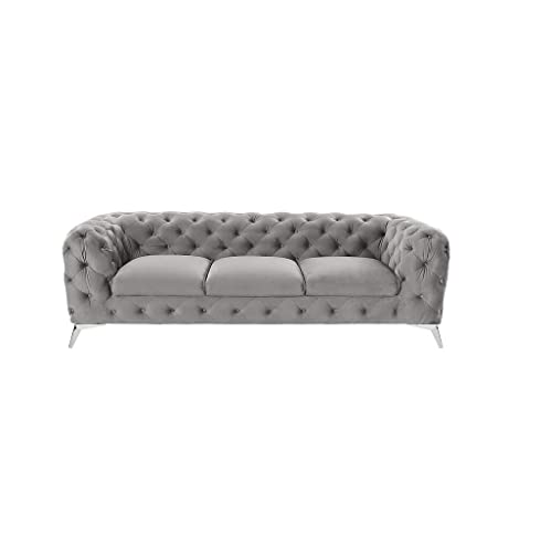 ROVERTI Royal Chesterfield DREI-Personen Sofa Grau, 243 x 73 x 100 cm - verchromte Füße, Couch, freistehend, hochwertige Wellfederung