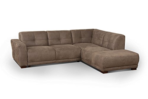 Cavadore Ecksofa "Modeo" / Schlafsofa mit Federkern und modernen Kontrastnähten / Hochwertiger Mikrofaser-Bezug in Wildlederoptik / Holzfüße / Maße: 261x77x214 cm (BxHxT) / Farbe: Nuss (hellbraun)*