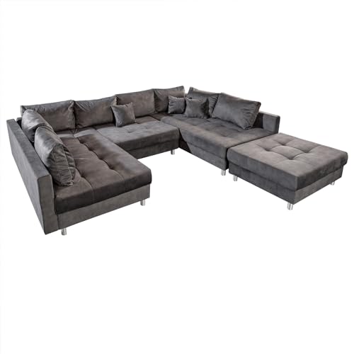 Riess Ambiente Moderne XXL Wohnlandschaft KENT 305cm grau Samt Bigsofa inkl. Hocker Federkern Samtsofa Samtcouch Ecksofa Eckcouch U-Sofa U-Couch Wohnzimmer