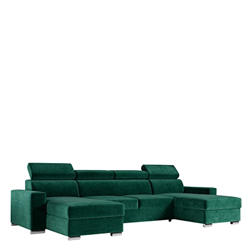 MKS Meble Ecksofa Wohnzimmer - Wohnlandschaft - U-Form Couch mit Schlaffunktion - Bettsofa - Wohnzimmer U Couch - Polstersofa mit Bettkasten - Fox U Grün