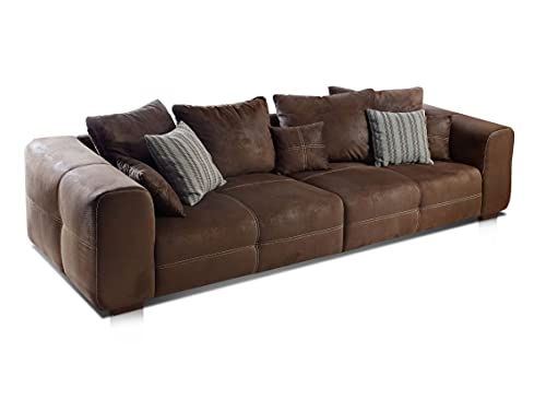 Cavadore Big Sofa Mavericco / Große Polster Couch mit Mikrofaser-Bezug in antiker Lederoptik / Inklusive Rückenkissen und Zierkissen in braun / Maße: 287 x 69 x 108 cm (BxHxT) / Farbe: Antik Braun