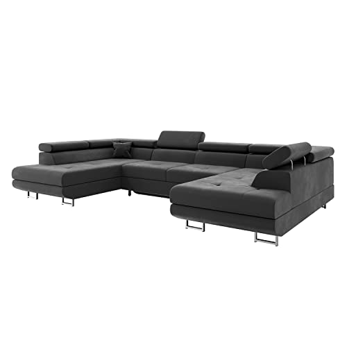 MEBLINI Schlafcouch mit Bettkasten - Ecksofa mit Schlaffunktion - Sofa mit Relaxfunktion und Kopfstützen - Couch U-Form - Eckcouch - Wohnlandschaft - Carl - 338x203x55cm - Dunkelgrau Samt