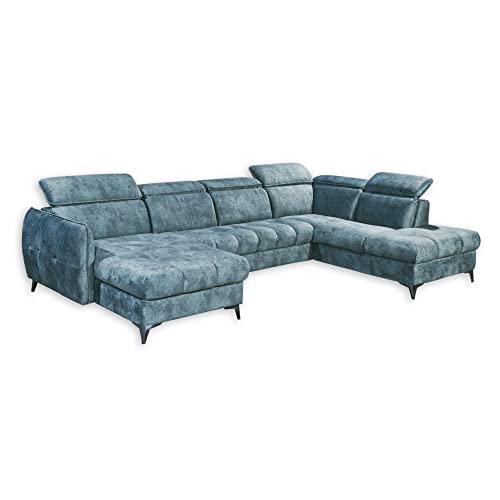 TOGO Wohnlandschaft in U-Form, Stoffbezug Smoke Blue - Ausziehbares Sofa mit Schlaffunktion, Bettkasten & verstellbaren Kopfteilen - 347 x 82 (99) x 221 cm (B/H/T)