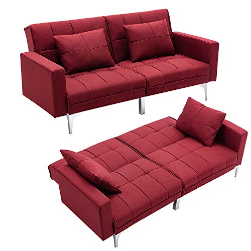 Mingone Schlafsofa 3 Sitzer Sofabett Sofa mit Schlaffunktion Bettsofa Klappsofa Verstellbarer Winkel Couch Schlafsessel Rot Weinrot, 148x76x86cm