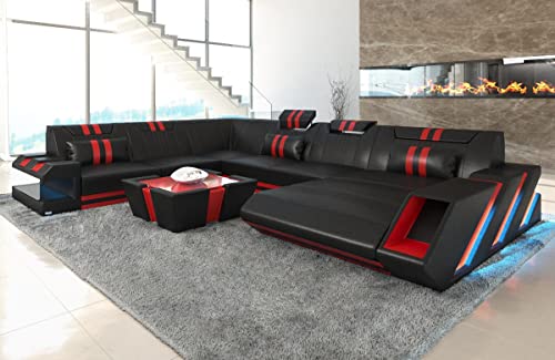Sofa Apollonia XXL U Form Wohnlandschaft Leder Couch mit LED Ledersofa mit Ottomane und Kopfstützen (Ottomane rechts, Schwarz-Rot)