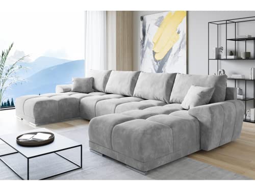 ML Furniture Velvet Ecksofa in U-Form – Hellgrau – Couch mit Stauraum und Kissen - Ausziehbares Sofa mit Schlaffunktion - Schlafsofa mit Bettkasten – Gästebett – 365 x 189 cm