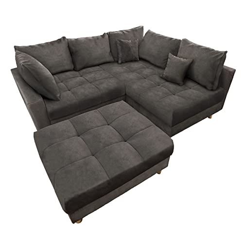 riess-ambiente.de Moderne Wohnlandschaft KENT 220cm grau Samt | Ecksofa Federkern inkl. Hocker und Kissen, Ecksofa mit Schlaffunktion | Sofa in L Form*