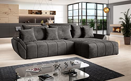 FURNIX Ecksofa Calvani mit Schlaffunktion und Bettkasten - Couch Wohnzimmersofa mit Kissen - L-Form Sofa, Stellfüße in Chromoptik - B280 x T190 x H91 cm, Liegefläche 230 x 149 cm - EN 25 (anthrazit)