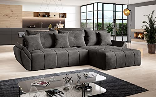 Furnix Ecksofa Calvani mit Schlaffunktion und Bettkasten - Couch Wohnzimmersofa mit Kissen - L-Form Sofa, Stellfüße in Chromoptik - B280 x T190 x H91 cm, Liegefläche 230 x 149 cm - EN 25 (dunkelgrau)