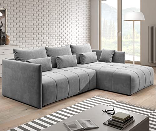 Furnix Ecksofa Yalta mit Schlaffunktion und Bettkasten - Couch L-Form Sofa mit Kissen - Stellfüße in Chromoptik - B245 x H83 x T182 cm, Liegefläche: 147 x 232 cm - MH85 (Hellgrau)