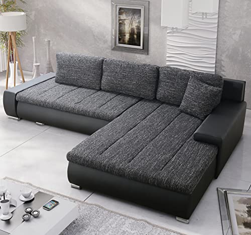 FURNIX Ecksofa Tommaso mit Schlaffunktion und Bettkasten - Couch L-Form Sofa mit Kissen - Stellfüße in Chromoptik - B297 x T210 x H85 cm, Liegefläche 255 x 150 cm - NE10-MA1100 (anthrazit/schwarz)